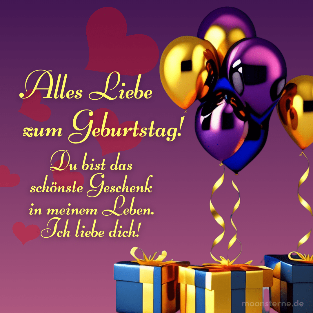 Geburtstagsbild mit Luftballons und Geschenken für Ehefrau. Moonsterne.de