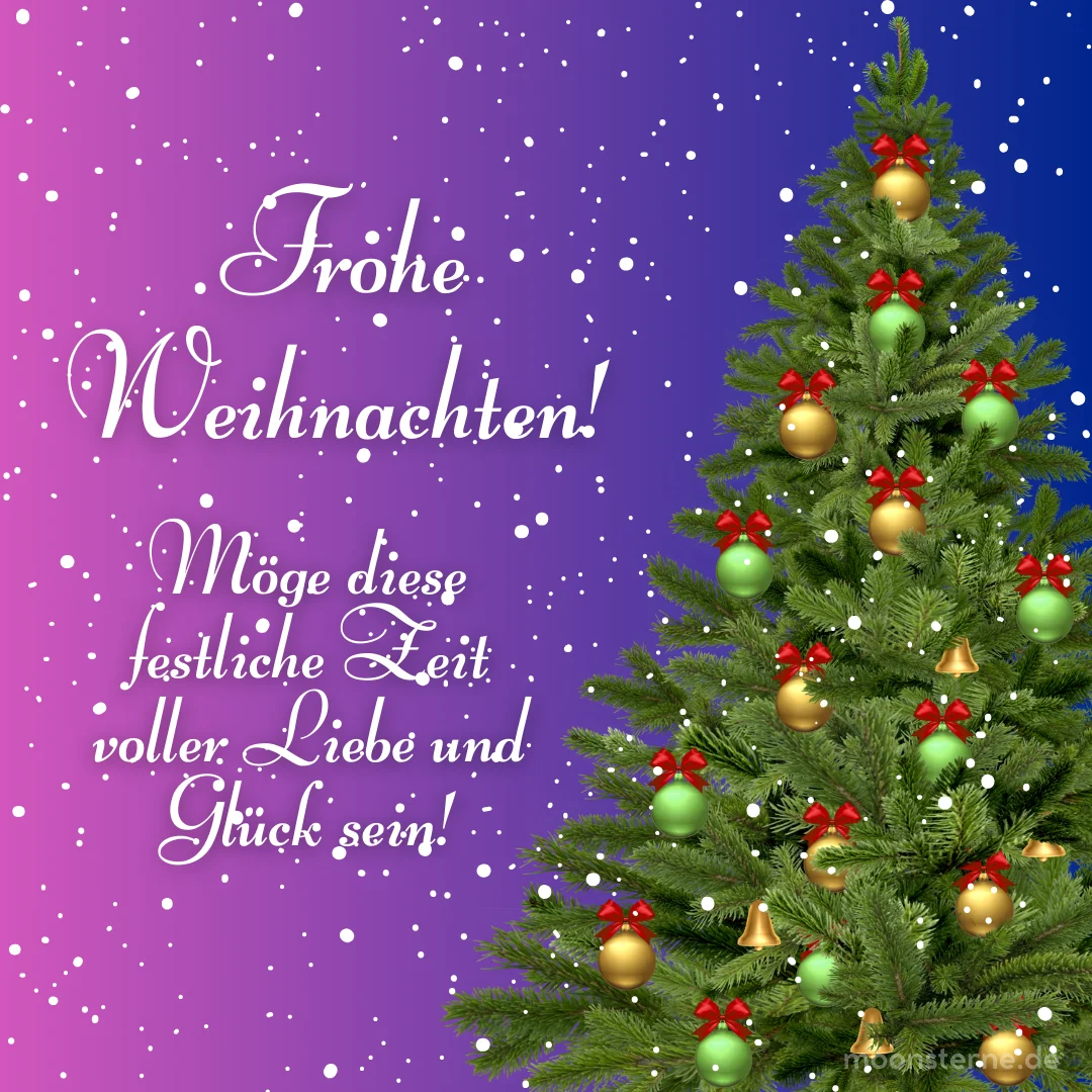 Frohe Weihnachten! Weihnachtsbild mir Glückwunsch und Tannenbaum. Moonsterne.de