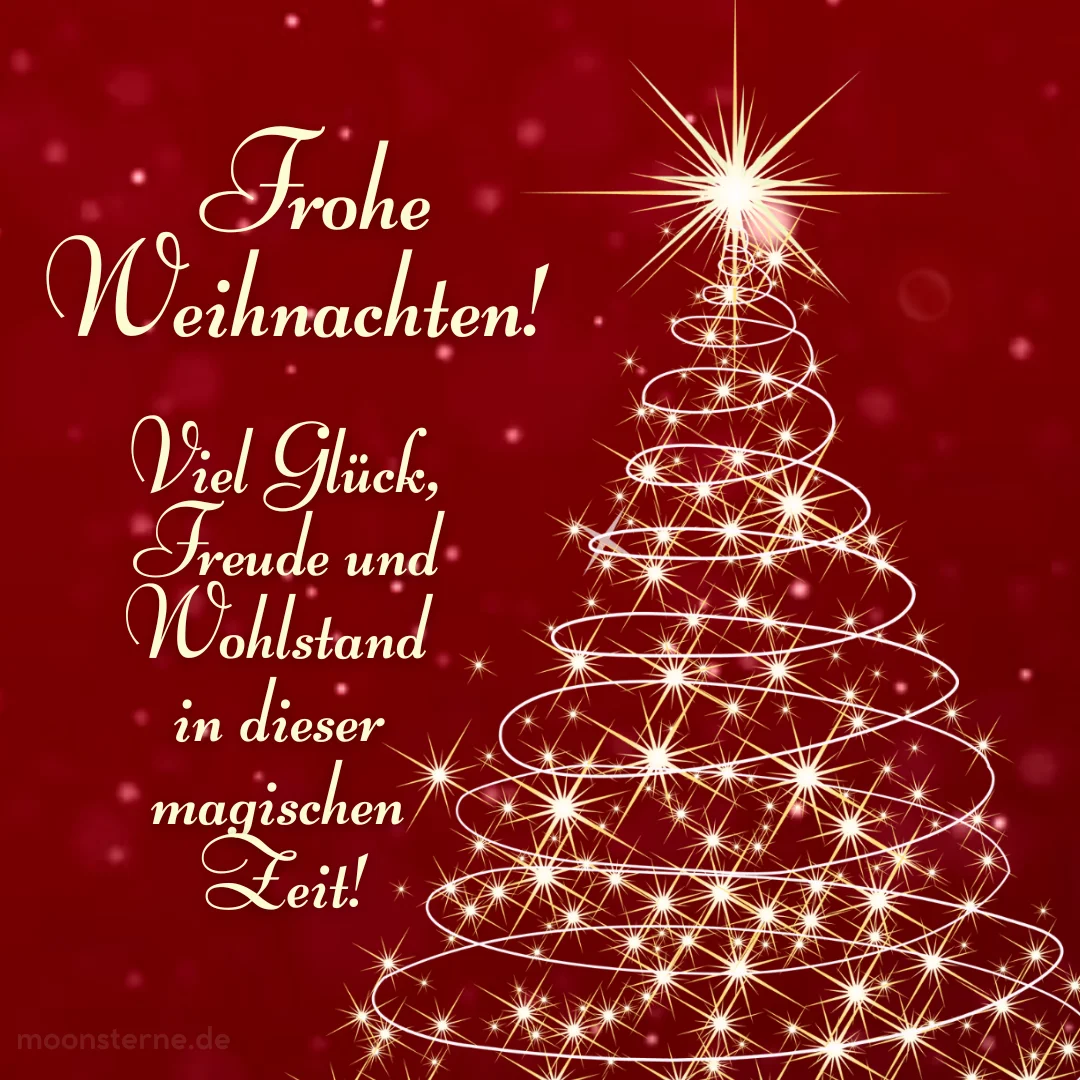 Frohe Weihnachten! Weihnachtsbild mit Glückwunsch und Tannenbaum. Moonsterne.de